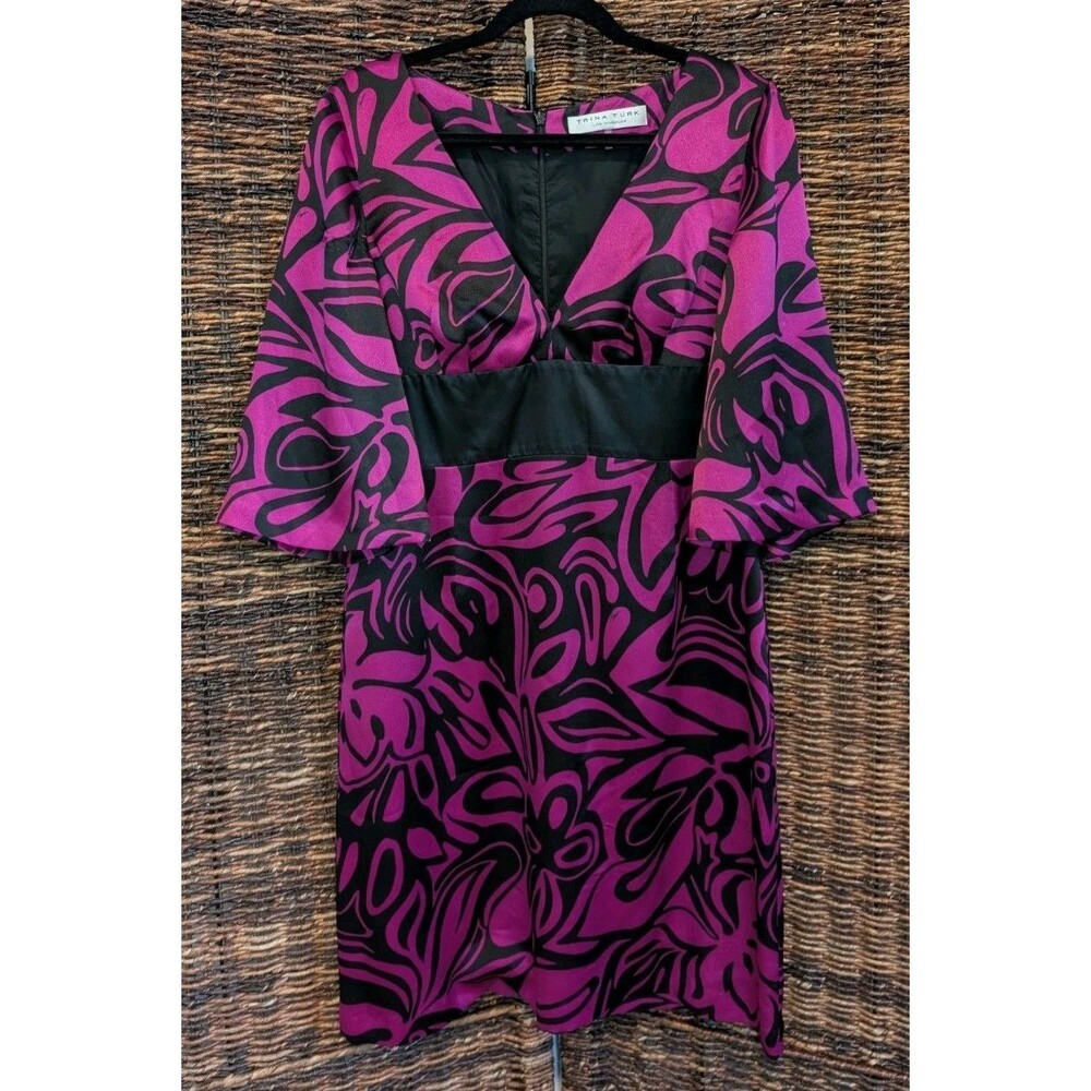 Trina Turk 100% Silk Abstract Print Midi Dress Women's 12 Wedding Party Cocktail